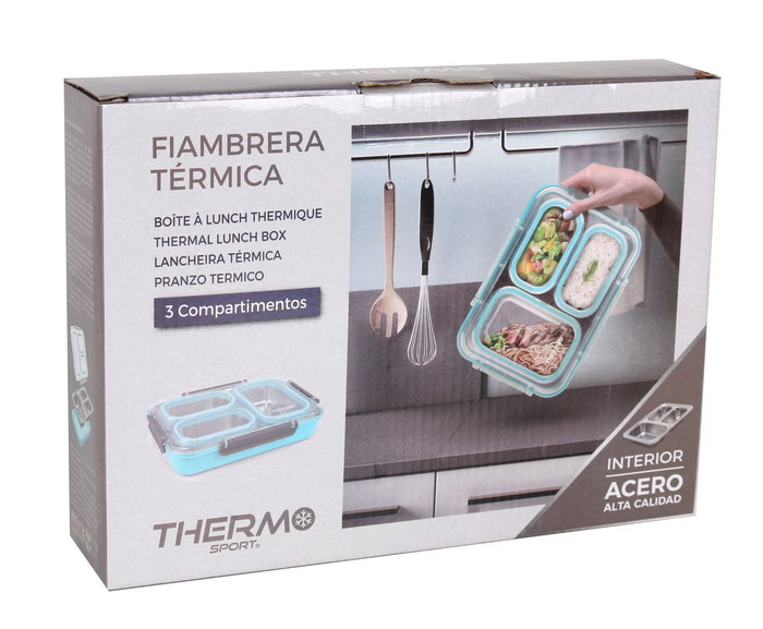 Thermosport Fiambrera Plástico-Acero 3 Compartimentos, Ancho 28 cm, Alto 20.5 cm, Largo 6 cm (6 Unidades)