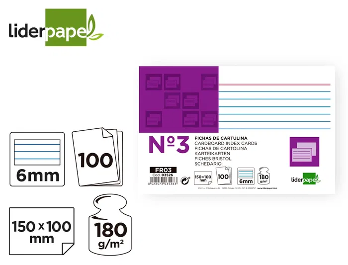 Liderpapel Ficha Rayada Nº3 100x150 mm 180gr Paquete de 100 Unidades