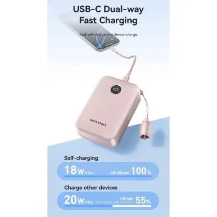 Vention Power Bank 20000mAh FKBB0-C - 22.5W Fast Charging - Color Negro - Con Cable USB-C Desmontable y Hebilla Giratoria de 45° para Conexión Segura