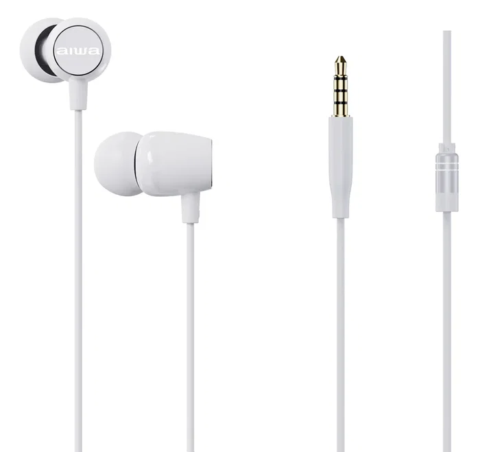 Aiwa Auriculares Intrauditivos ESTM-20WT con Micrófono, Cable Jack 3.5 mm, Sonido de Alta Calidad, Blancos - Incluye 3 Pares de Almohadillas de Silicona (S, M, L)