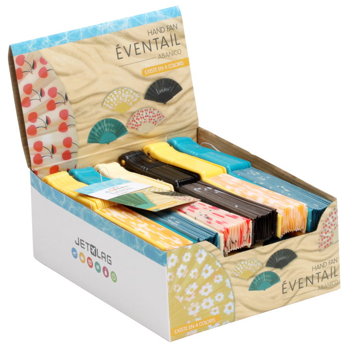 Jet Lag Abanico Pop Blanco, Amarillo, Negro, Verde - Ligero y Compacto para Refrescarte