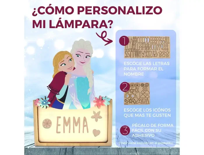Wondee Lámpara Personalizable de Madera Frozen - Luz LED 60 Lm, Alimentación por Batería