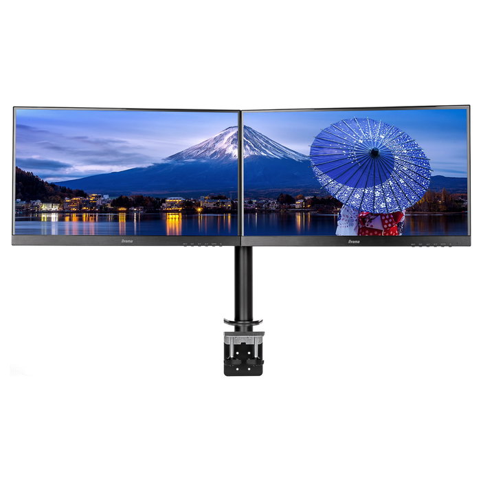 iiyama DS1002C-B1 Soporte de Monitor Dual con Abrazadera para Escritorio, Compatible VESA 75x75/100x100, Ajustable, Hasta 32", Negro