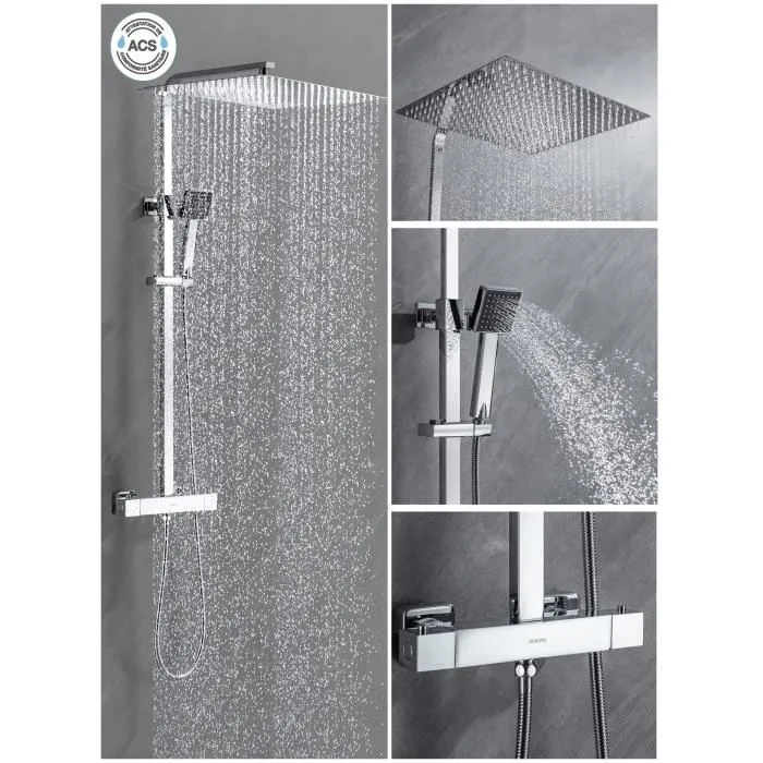 Oceanic Columna de Ducha Mezclador Termostático (38°C), Rociador Cuadrado Extraplano 40x40 cm Acero Inoxidable, Teleducha, Cromo