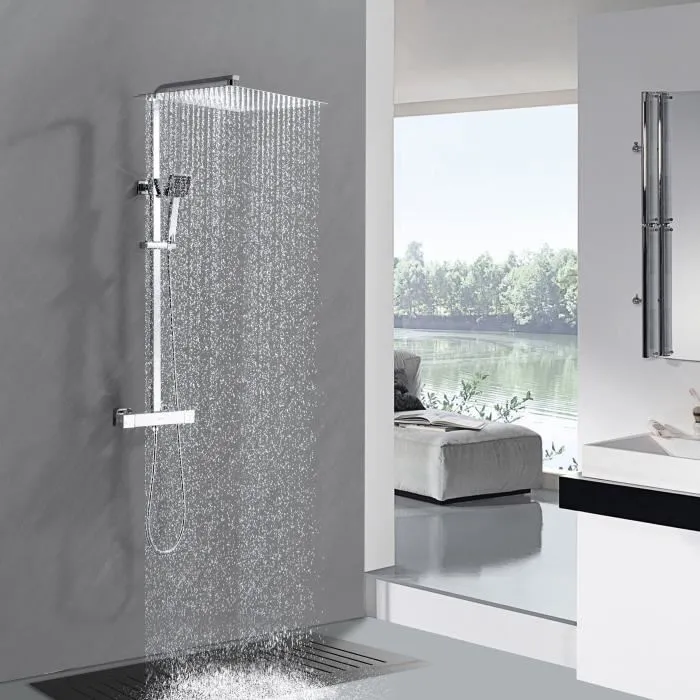 Oceanic Columna de Ducha Mezclador Termostático (38°C), Rociador Cuadrado Extraplano 40x40 cm Acero Inoxidable, Teleducha, Cromo