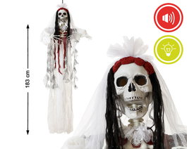 Atosa Figura Colgante Esqueleto Novia con Vestido Blanco 183 cm - Decoración Halloween Luz y Sonido