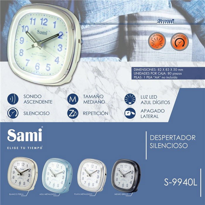 SAMI Despertador Med. Cuad. Silencioso con Luz Azul, Azul