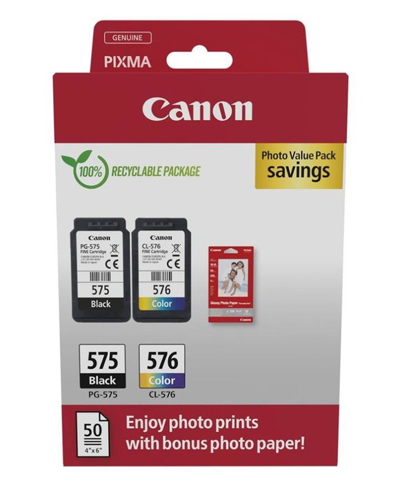 Canon Tinta Ecopack Negro + Cian + Magenta + Amarillo y 50H Papel Fotográfico 10x15 para Pixma TR 4750i/4751i/4755i, TS 3550i/3551i PG 575 + CL 576 Canon Tinta Ecopack Negro + Cian + Magenta + Amarillo y 50H Papel Fotográfico 10x15 para Pixma TR 4750i/4751i/4755i, TS 3550i/3551i PG 575 + CL 576