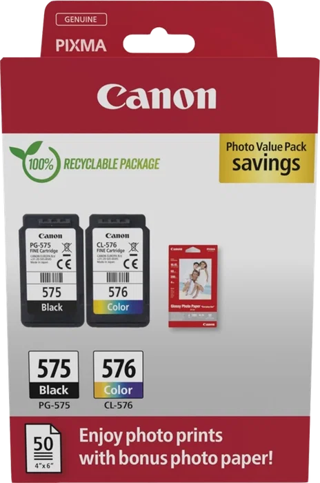 Canon PG-575 + CL-576 Photo Value Pack con Papel Fotográfico 10x15cm, Negro y Tricolor