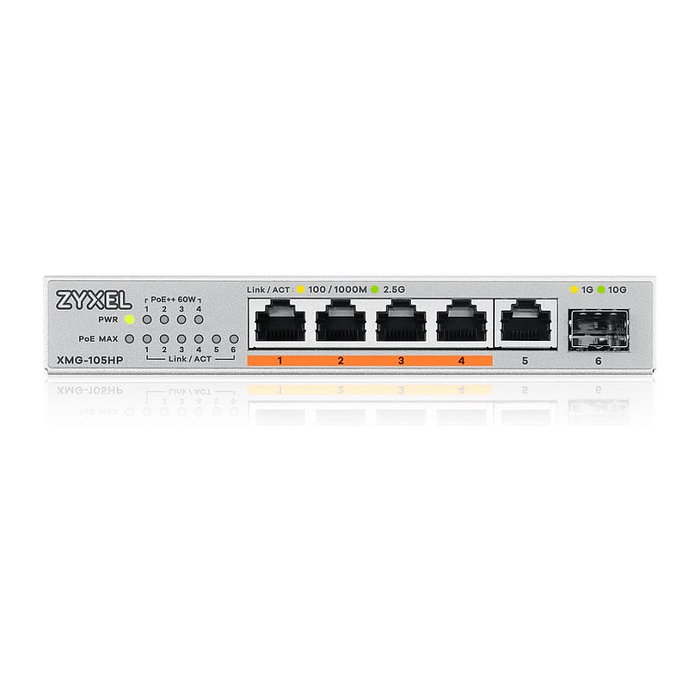 Zyxel MG-105HP Switch No Administrado de 5 Puertos 2.5G Ethernet con PoE++ (4 Puertos PoE, 70 W), 1 SFP+, 45 Gbit/s, Plata