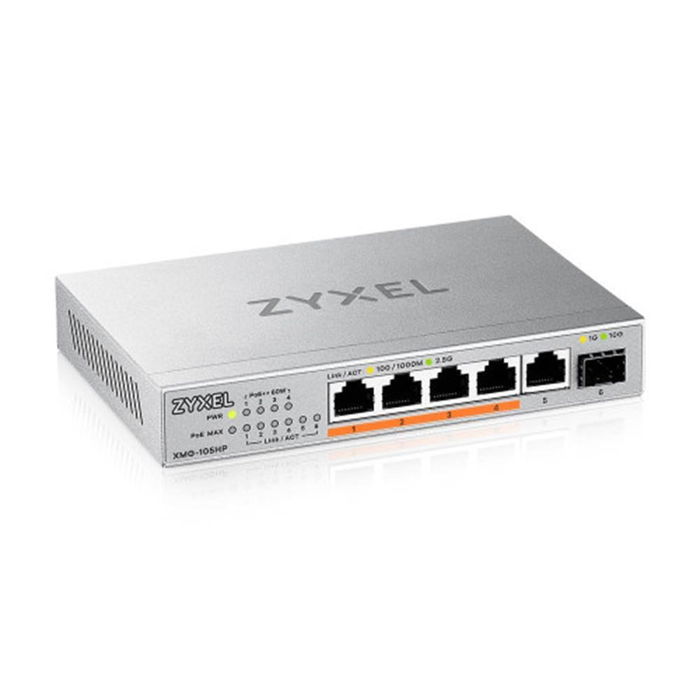 Zyxel Switch No Administrado 6 Puertos, 2.5G/1G Ethernet, con SFP+ 10G y PoE de 70W, Plata - Modelo XMG-105HP EU0101F