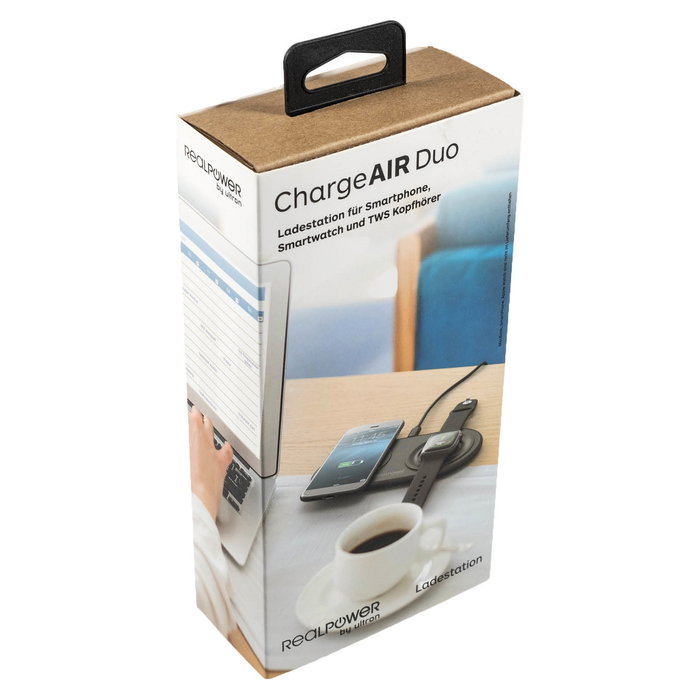 RealPower ChargeAir Duo Cargador Inalámbrico e Interior USB, Negro, 15 W, para Smartphone y Reloj Inteligente