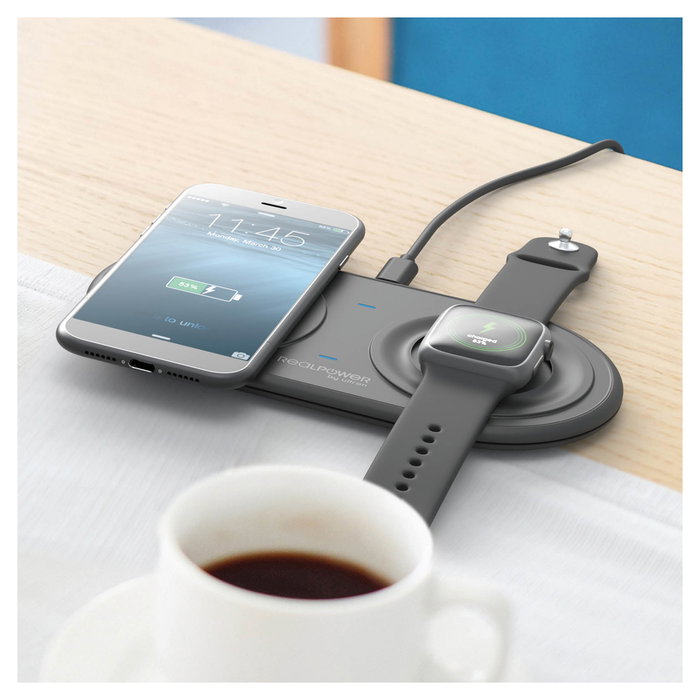 RealPower ChargeAir Duo Cargador Inalámbrico e Interior USB, Negro, 15 W, para Smartphone y Reloj Inteligente