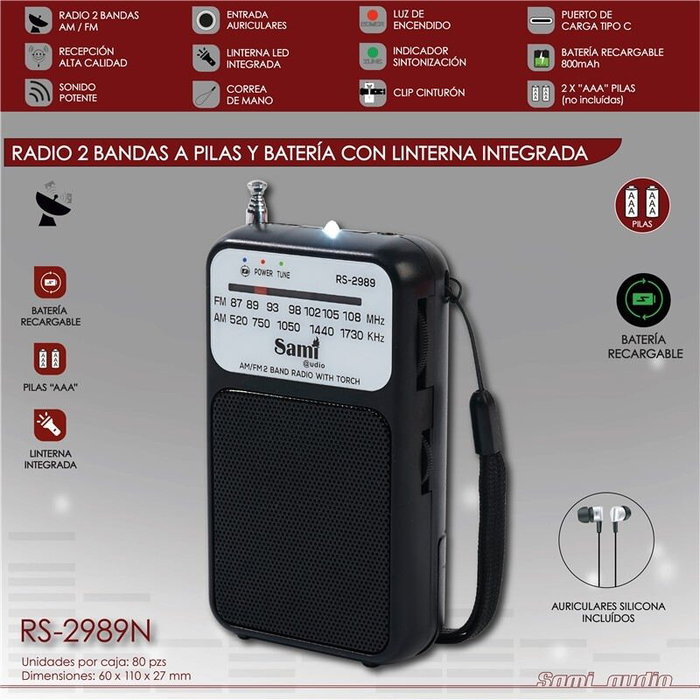 SAMI Radio Sami 2 bandas bolsillo negro con linterna y bate