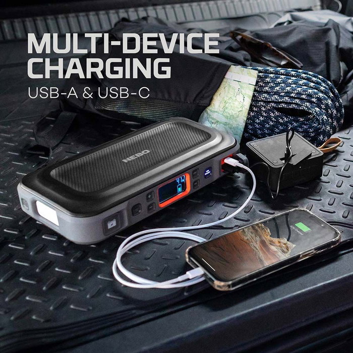 Nebo Assist Air Jump Starter y Compresor de Aire - Arrancador de Batería 12V 1500A Pico, Compresor, Power Bank y Linterna, Recargable USB-C
