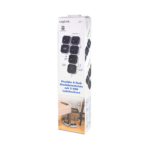 LogiLink Regleta en forma de serpiente con 4 tomas de seguridad y 2 USB-A, blanco/negro