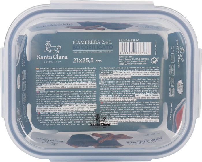 Santa Clara Fiambrera Rectangular con Tapa Hermética 21 cm x 25.5 cm (4 Unidades)