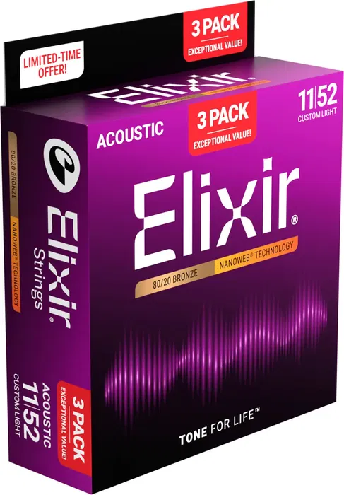 Elixir Pack 3 Juegos Acústica Nanoweb 80/20 Bronze Custom Light 11-52 Cuerdas para Guitarra