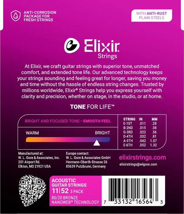 Elixir Pack 3 Juegos Acústica Nanoweb 80/20 Bronze Custom Light 11-52 Cuerdas para Guitarra