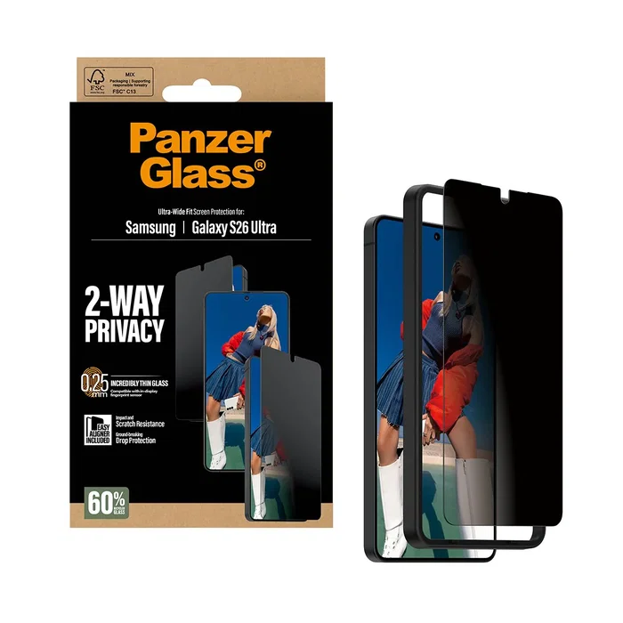 PanzerGlass Protector de Pantalla 2-Way Privacy para Samsung Galaxy S26 Ultra - Ultra-Wide Fit con EasyAligner, Aplicación Seca, Resistente a Rayones y Golpes, 1 Unidad