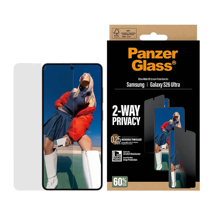 PanzerGlass Protector de Pantalla 2-Way Privacy para Samsung Galaxy S26 Ultra - Ultra-Wide Fit con EasyAligner, Aplicación Seca, Resistente a Rayones y Golpes, 1 Unidad