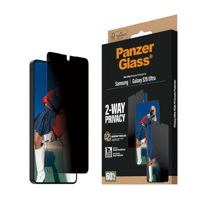 PanzerGlass Protector de Pantalla 2-Way Privacy para Samsung Galaxy S26 Ultra - Ultra-Wide Fit con EasyAligner, Aplicación Seca, Resistente a Rayones y Golpes, 1 Unidad