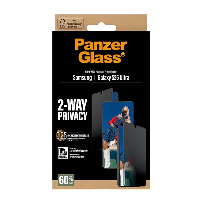 PanzerGlass Protector de Pantalla 2-Way Privacy para Samsung Galaxy S26 Ultra - Ultra-Wide Fit con EasyAligner, Aplicación Seca, Resistente a Rayones y Golpes, 1 Unidad