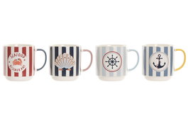 DKD Home Decor Mug Atlántico Porcelana New Bone Azul Blanco 8.5 x 10 x 12 cm (12 Unidades) Apto Microondas Lavavajillas 410ml