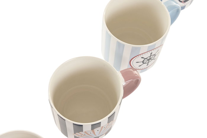 DKD Home Decor Mug Atlántico Porcelana New Bone Azul Blanco 8.5 x 10 x 12 cm (12 Unidades) Apto Microondas Lavavajillas 410ml
