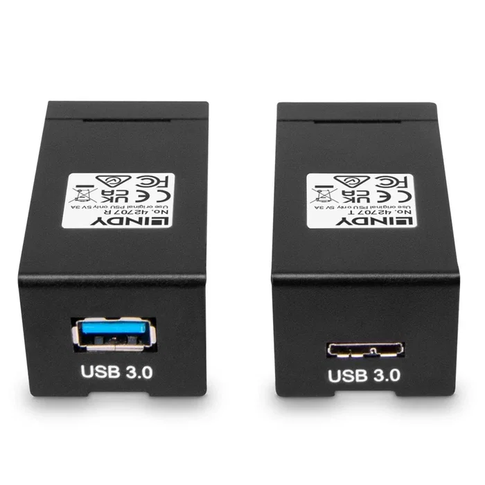 Lindy 42707 Extensor Audio/Video AV Transmisor Receptor por Fibra Óptica, Negro, 200 m, LC a LC, Alimentación 5V DC