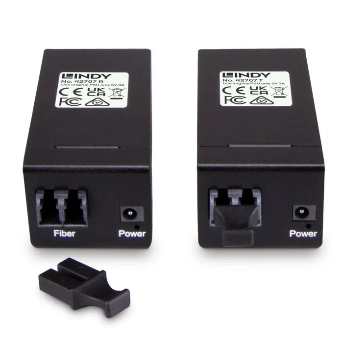 Lindy 42707 Extensor Audio/Video AV Transmisor Receptor por Fibra Óptica, Negro, 200 m, LC a LC, Alimentación 5V DC