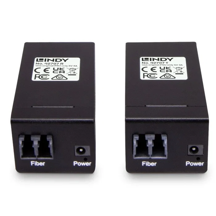 Lindy 42707 Extensor Audio/Video AV Transmisor Receptor por Fibra Óptica, Negro, 200 m, LC a LC, Alimentación 5V DC
