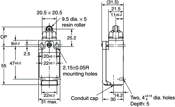 OMRON D4N-4132 Interruptor de fin de carrera con roldana de plástico de Ø9,5mm
