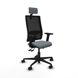 Silla de oficina Bormate con mecanismo Asincro tapizada con Tela color Gris y malla color Negro. Equipada con lumbar 1D, Brazos 2D, Cabecero 2D y Ruedas 65mm nailon