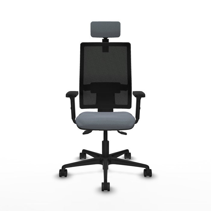 Silla de oficina Bormate con mecanismo Asincro tapizada con Tela color Gris y malla color Negro. Equipada con lumbar 1D, Brazos 2D, Cabecero 2D y Ruedas 65mm nailon