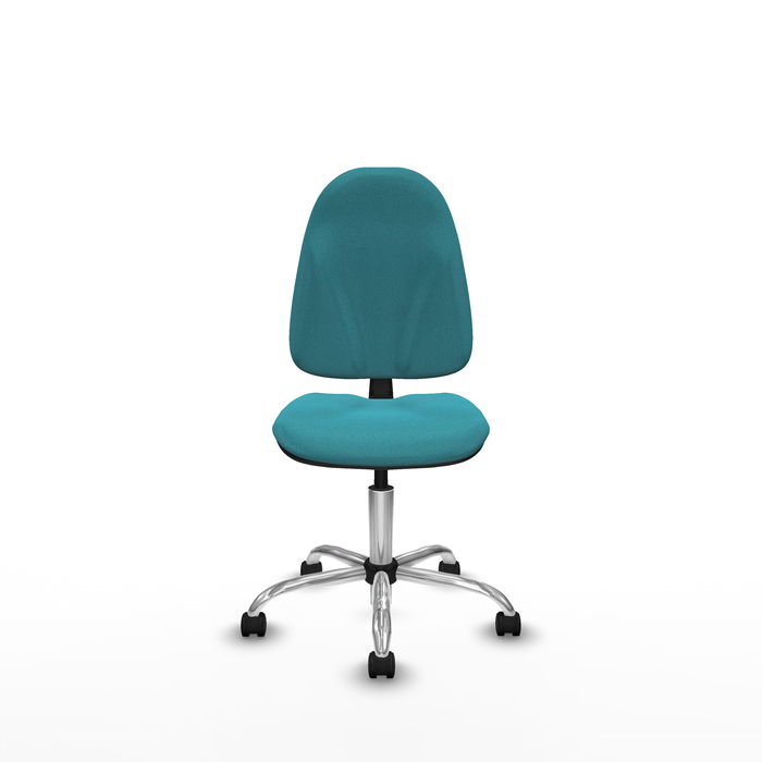 Silla de oficina Algarra con mecanismo Contacto permanente básico tapizada con Tela color Turquesa. Equipada con Base cromada, Sin brazos y Ruedas de nailon 50 mm