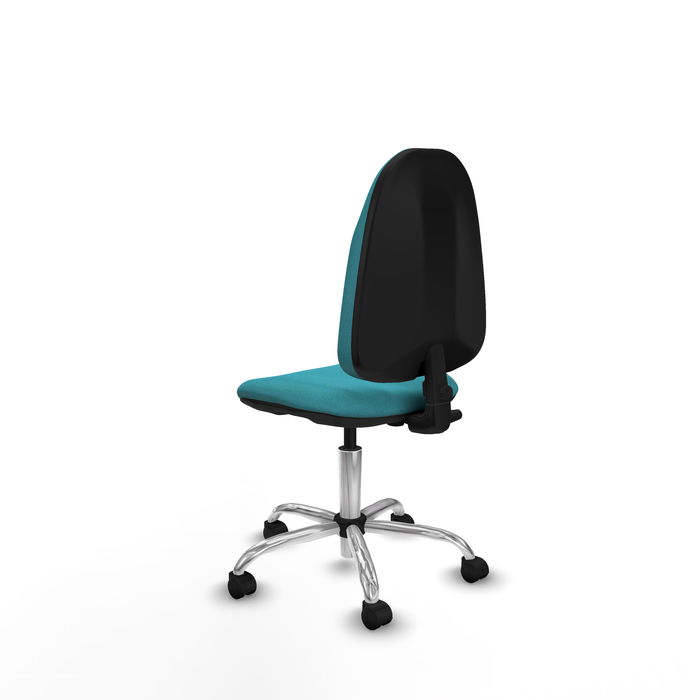 Silla de oficina Algarra con mecanismo Contacto permanente básico tapizada con Tela color Turquesa. Equipada con Base cromada, Sin brazos y Ruedas de nailon 50 mm