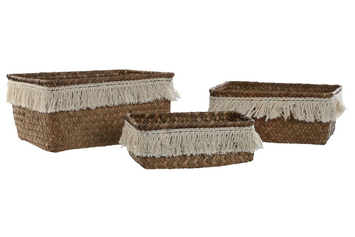 DKD Home Decor Cesta Boho Natural Blanco Fibra Set 3 Piezas 17 x 10 x 23 cm