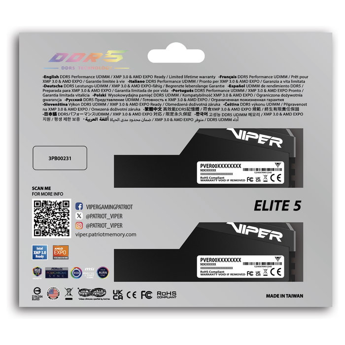 Patriot Viper Elite 5 Ultra RGB VEUR532G6028K - Kit Memoria RAM 32GB (2x16GB) DDR5 6000MT/s CL28 - XMP 3.0 & AMD EXPO