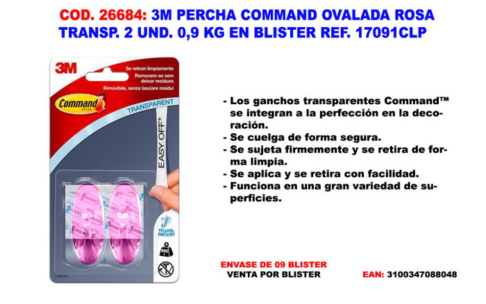 3M Percha Command Ovalada Rosa Transparente, 2 unidades 3M Percha Command Ovalada Rosa Transparente, 2 unidades