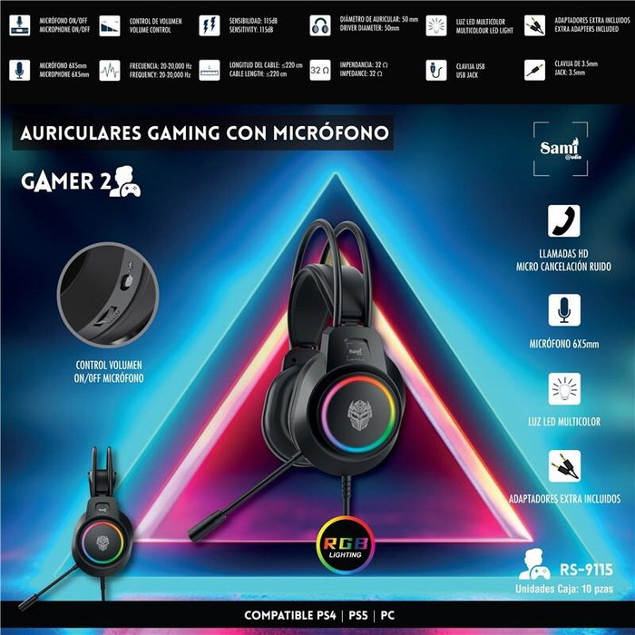SAMI Auriculares GAMER 2 con LED Multicolor y Microfono para Llamadas, Color Negro