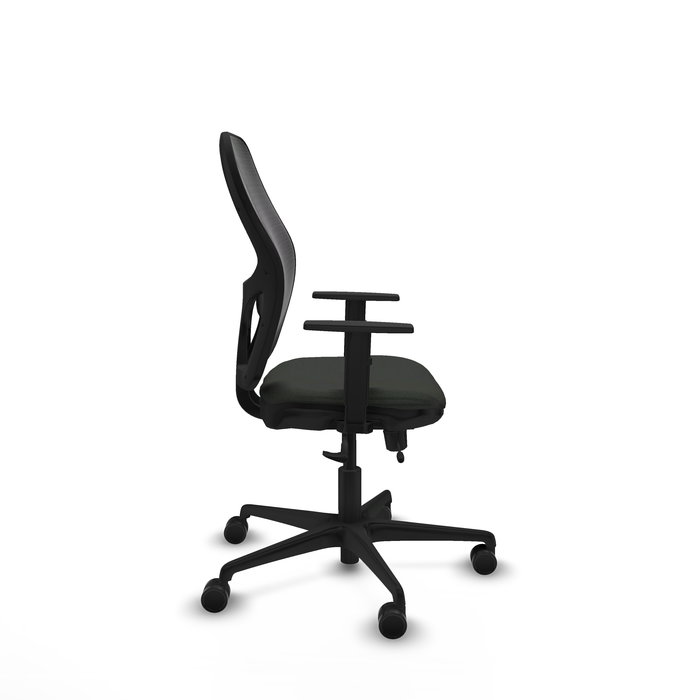 Silla de oficina Jorquera con mecanismo Sincro/Traslack tapizada con Tela color Negro. Equipada con lumbar 1D, Brazos 1D y Ruedas 65mm nailon