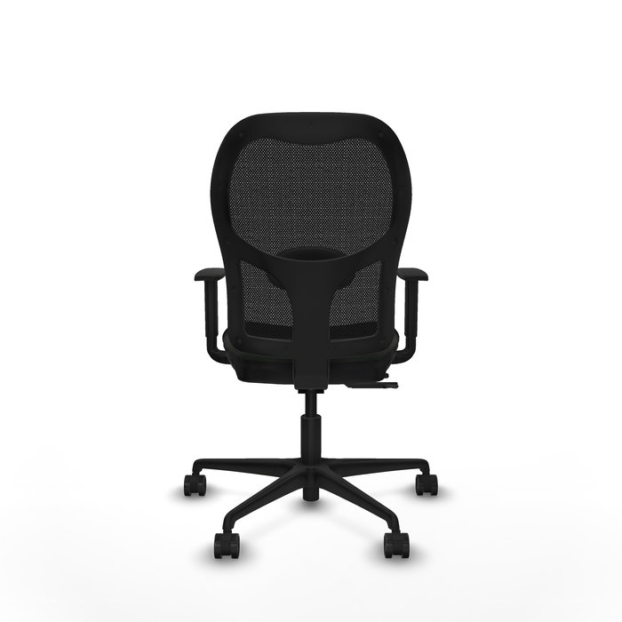 Silla de oficina Jorquera con mecanismo Sincro/Traslack tapizada con Tela color Negro. Equipada con lumbar 1D, Brazos 1D y Ruedas 65mm nailon