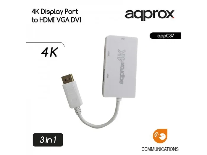 Approx appC37 - Adaptador DisplayPort a VGA + HDMI + DVI 3 en 1, Blanco, Resolución 4K 4096x2160@30Hz, para MacBook Pro/Air, Monitores, Proyectores