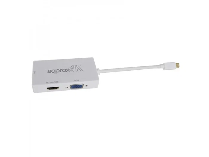 Approx appC37 - Adaptador DisplayPort a VGA + HDMI + DVI 3 en 1, Blanco, Resolución 4K 4096x2160@30Hz, para MacBook Pro/Air, Monitores, Proyectores