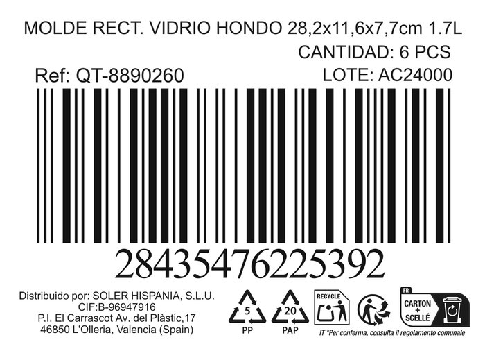 Quttin Molde Rectangular Vidrio Hondo 28.2x11.6x7.7 cm, 784g (6 Unidades)