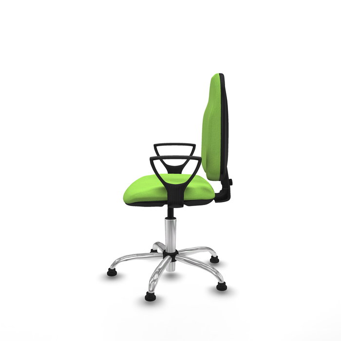 Silla de oficina Algarra con mecanismo Contacto permanente básico tapizada con Tela color Pistacho. Equipada con Base cromada, Brazos fijosy Topes