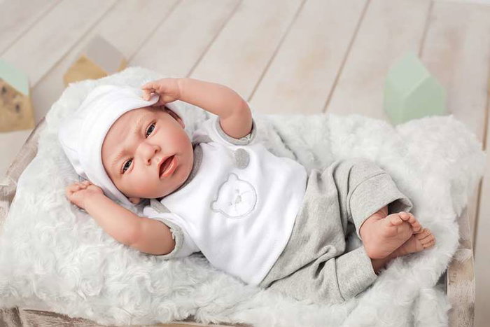 Muñecas Arias Muñeca Elegance Dafne 40 cm con cuerpo blanco, traje gris y cojin (muñeco con peso)