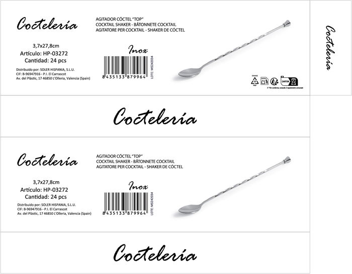 Neutro Cuchara Coctel Inoxidable 3.7 x 27.8 cm para Bar y Mezcla de Bebidas - Serie Top (24 Unidades)