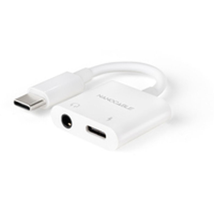 Nanocable Adaptador de Audio USB-C Macho a Jack 3.5 Hembra y USB-C Hembra PD 60W, Blanco